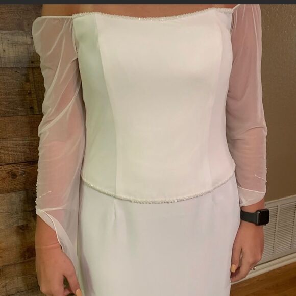 Kathryn LaCroix white nee wedding dress gown beading sheer long sleeves, size 10 - Picture 9 of 13